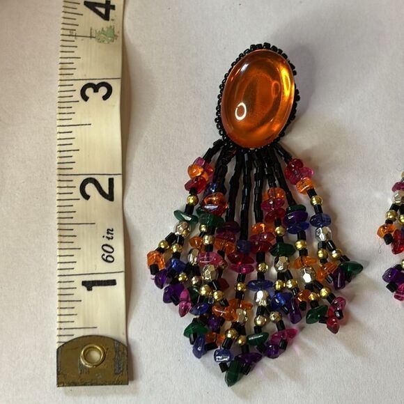 Orange acrylic and black multicolored seed bead statement dangle earrings - Picture 7 of 7